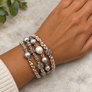Michael Dawkins Sterling Silver 4 Strand Gray White Pearl Bracelet 7" 925